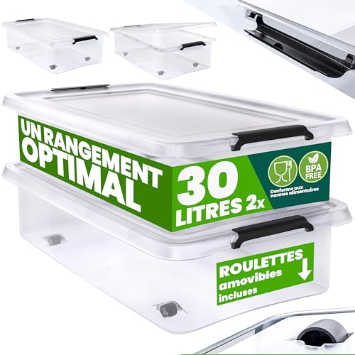 Deuba® 2X Boîte de Rangement 30L en Plastique Transparent empilable sans BPA Gain de Place Caisse de Rangement roulettes