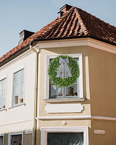 30" Faux Round Boxwood Wreath, Vlorart Artificial Large Boxwood Wreath Front Door Wreaths Artificial Spring Summer Greenery Hanging With A Plaid Bow For Villa Wall Hanging Window Wedding Party Decor #TOP7