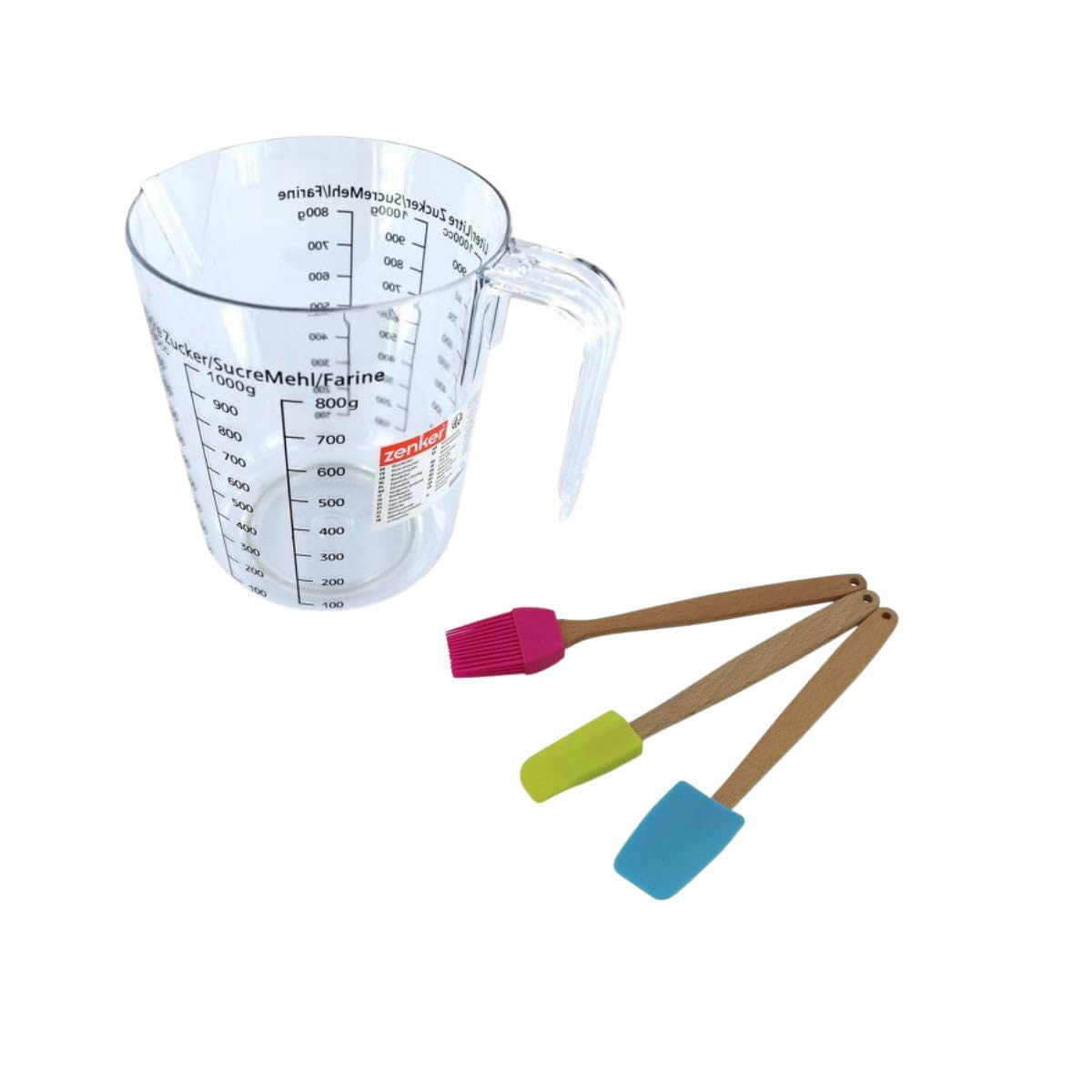 Zenker 9928150 Messbecher mit Henkel, Messbecher, Backutensilien-Set, Kunststoff, Transparent, Holz, Silikon, Rosa, Grün, Blau, 20 cm, 17 x 15,5 cm