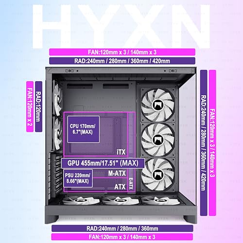 Image of H2 (2026) HYXN ATX PC Case, Pre-installed 8 PWM ARGB Fans (6X140mm,2X120mm), Large Dual-Chamber ATX Mid-Tower Airflow Computer Case, Gaming PC Case, 420mm Radiator Support, Type-C 3.2 (Black RGB)