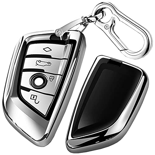 QBUC for BMW Key Fob Cover with Leather Keychain for BMW 2 5 6 7 Series X1 X2 X3 X5 X6 X7 Premium Soft TPU Key Fob Holder