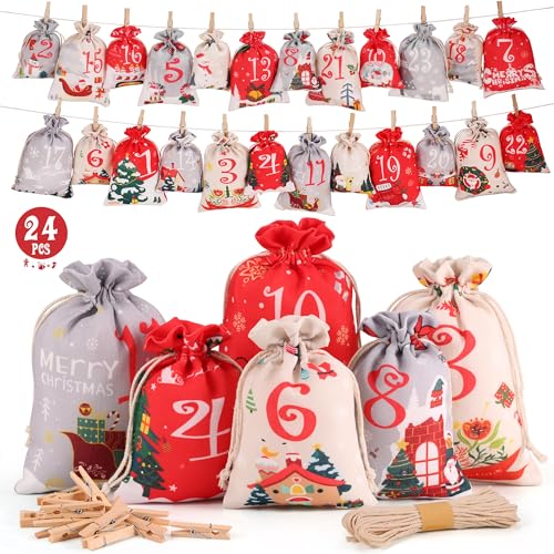 DazSpirit Adventskalender zum Befüllen 2025, DIY Säckchen, 24 Groß Stoffbeutel, Adventskalender Selber Befüllen für Kinder & Erwachsene, Säckchen mit Holzklammern und Hanfseil