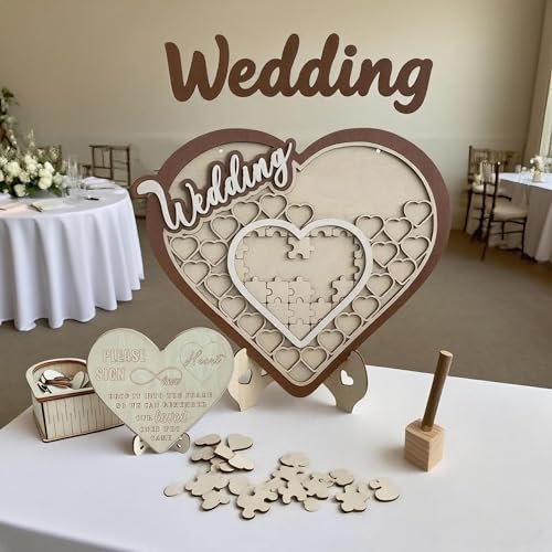 Libro de Visitas Bodas, Alternativa Marco de Madera  Personalizado Recuerdos rústico Invitados Álbum Firmas Placa Signo Guest Book 23 Corazón 12 puzzle 12 globos para Aniversario Bautizos Comunion
