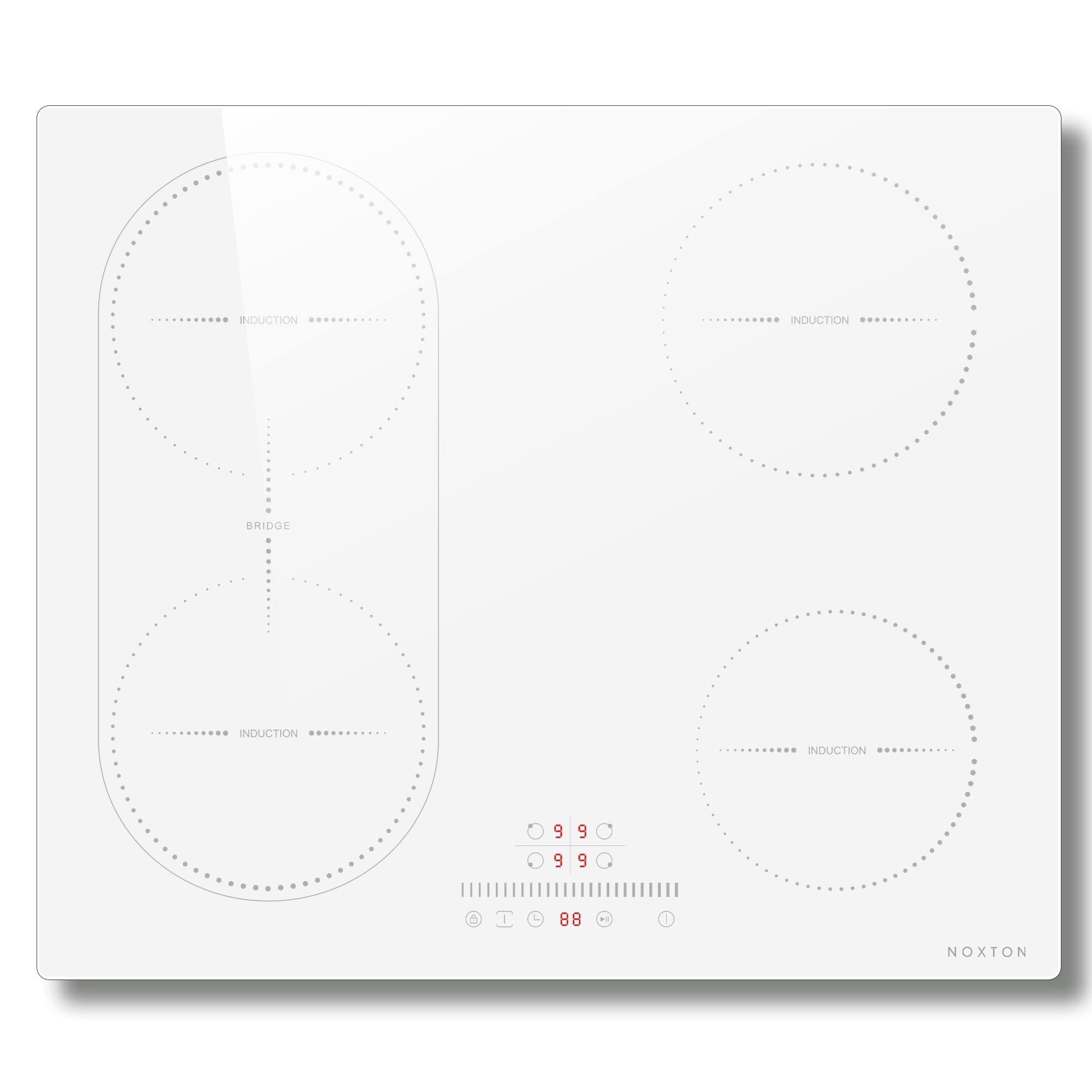 NOXTON Placa Induccion 4 Fuegos con Zona Flexible, Induccion Blanca, Funcion Boost, Controles Deslizantes, Función de Aislamiento Térmico, Cronómetro, 60 cm, 3500 W, con Enchufe