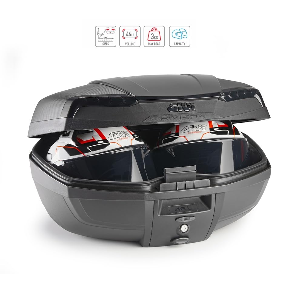 COMPATIBILE CON SYM SYMPLY 125 2T BAULETTO E46 RIVIERA BLACK EDITION MONOLOCK 46 LT VALIGIA BAULE PER MOTO SCOOTER CON PIASTRA PER AGGANCIO PORTAPACCHI POSTERIORE