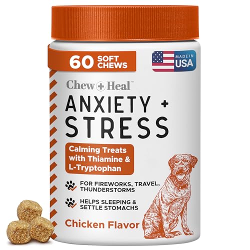 Calming Chews for Dogs - 60 Anxiety Relief Treats for Fireworks, Thunder, and Storms - Natural Dog Calming Treats for Large and Small Breeds with Thiamine, L-Tryptophan, Ginger, and Melatonin