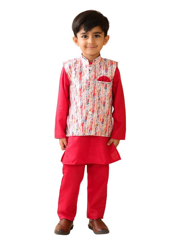 Image of superminis Boys Cotton Printed Full Sleeves Kurta Pyjama with Jacket Ethnic Wear Set