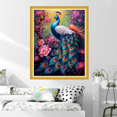 Image of DMCVIVR Stamped Cross Stitch Kits for Beginners Adults Needlepoint Kits for Beginners Embroidery Kits for Adults Crossstitch Kit for Beginners 11CT-Peacock Flowers 16x20 inch