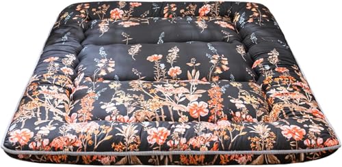 MAXYOYO Colchón tipo futón acolchado, tapete de tatami grueso, plegable, enrollable, colchón para dormitorio, tumbona de suelo, almohada (Negro floral, Doble)