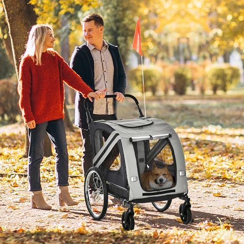 PawHut 2-in-1 Hundeanhänger & Hundebuggy, Hundefahrradanhänger Fahrradanhänger, Hundewagen mit Reflektoren für Mittelgroße Hunde bis 20 kg, Oxford-Gewebe, Grau