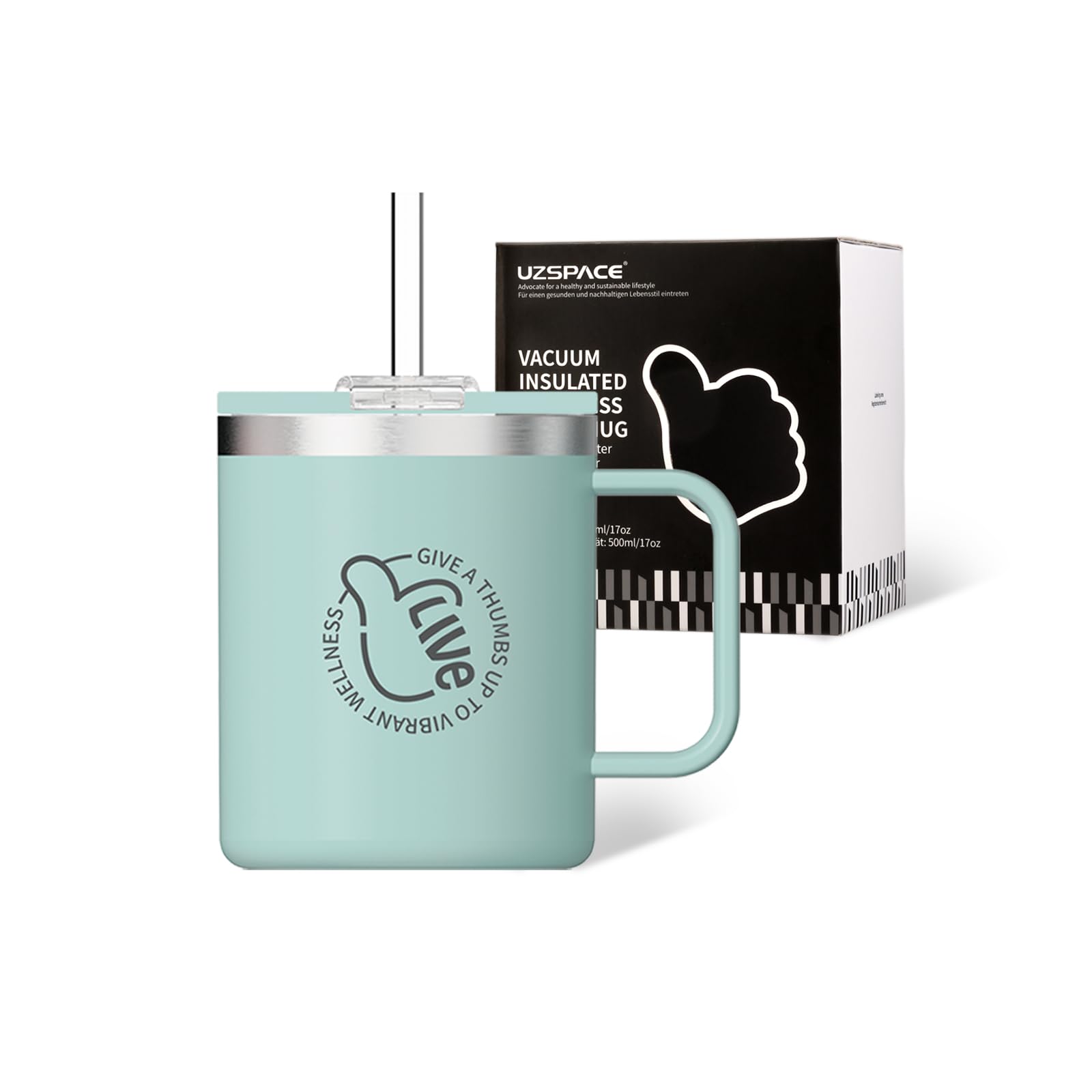 UZSPACE Travel Mug with Handle - Insulated Coffee Cup 500ml - Thermal Mug for Hot or Cold Drinks - Reusable Coffee Cups with Straw, Misty Blue
