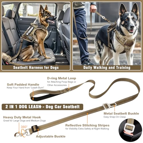 Tactical Dog Harness and Leash Set for Large Dogs,Heavy Duty No Pull Service Dog Vest and 10 Patches with Dog Seat Belt,Reflective Adjustable Pet Harness for Training Walking Hiking Camo L - Image 3