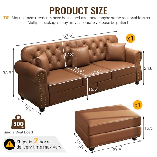 Image of KEIKI 83 inch Faux Leather Chesterfield Sofa with Nailhead Trim, Brown