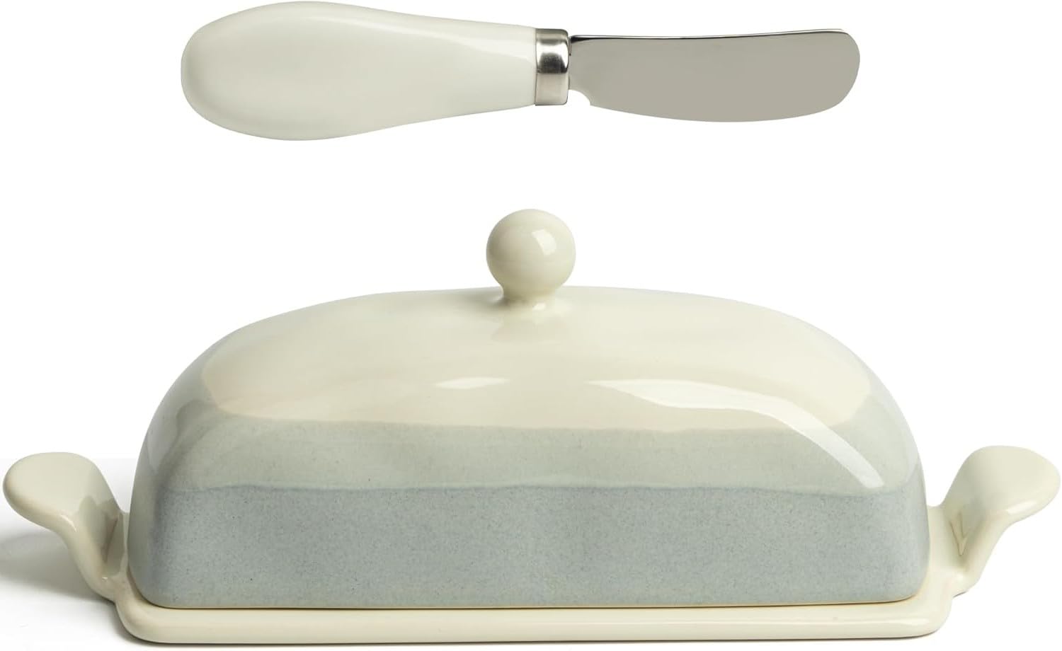 NALACAL Large Ceramic Butter Dish with Lid, Knife, and Handle, 8.6 Inch Porcelain Butter Holder – Raised Legs, Non-Slip Design, Countertop Storage, Dishwasher Safe