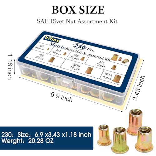 Image of Metric Rivet Nut Assortment Kit(230 Pcs), M3 M4 M5 M6 M8 M10 M12 Flat Head Rivnut Set,Zinc Plated Finish Carbon Steel Nutsert