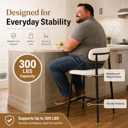 Butacos de Barra para Isla de Cocina, Set de 2 Unidades, Tapizados en Tela Beige con Patas de Metal Negro, Altura de Asiento 26.3 pulgadas, Espalda Curvada y Reposapiés, Capacidad Máxima 300 lb miniatura 3