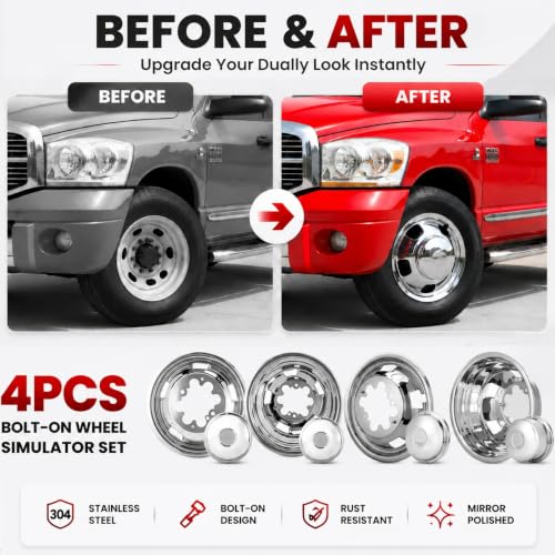 Image of 4pcs 17 inch Protective Polished Stainless Steel Dually Wheel Simulators, Waterproof Screw On Wheel Cover with Removable Centre Cap, 8 Lug Hubcaps Kits Fit for 03-18 Dodge Ram 3500 708DR
