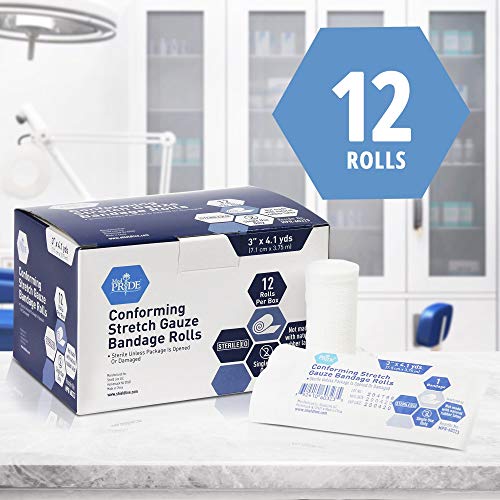 Medpride Conforming Stretch Gauze Bandages 12 Rolls 3'' X 4.1 Yards| Sterile Latex Free First Aid Pads | Wound Care Rolled Dressing Wrap | Medical Non-Adherent Mesh Bandages #TOP1