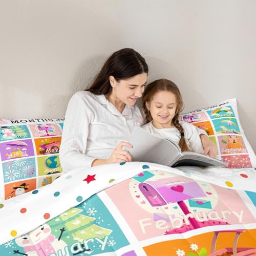 Image of Feelyou Kids Educational Duvet Insert Queen Size, Months Comforter Set Boys Girls Learning Bedding Set Kindergarten Teens Bedroom Decor Microfiber Bed Set