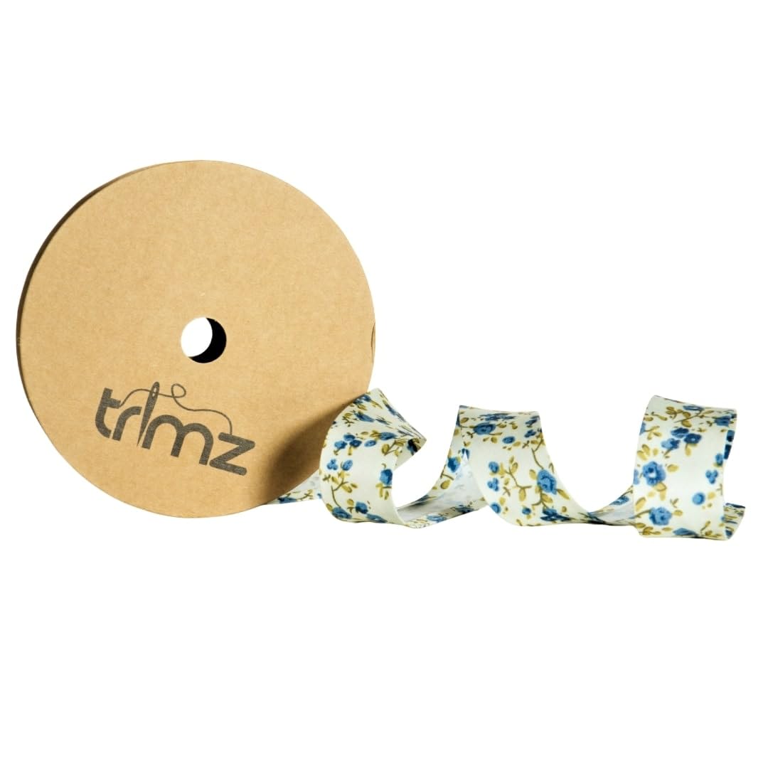 Trimz Cream/Blue/Green Polycotton Floral Bias Binding 25Mm, 20M – Fabric Edge Binding Tape For Sewing, Quilting & Dressmaking –