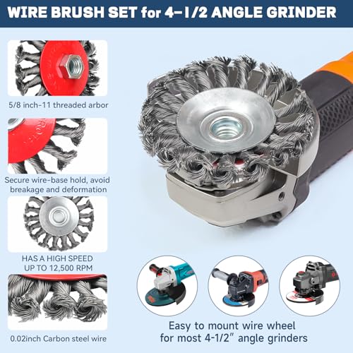 Image of 12 Pack Wire Wheel Brush for 4-1 /2 inch Angle Grinder & 4pcs Wire Cleaing Brushes 3 inch&4 inch Carbon Steel Knotted Crimped Brush for 5 /8 inch-11 Arbor Angle Grinder Wheel Brushes for Rust Removal Polishing