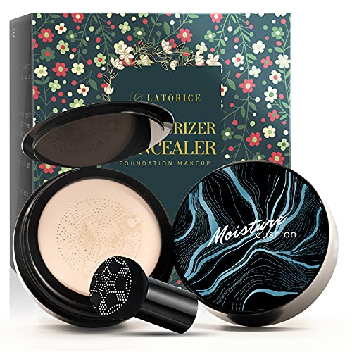 Mushroom Head Foundation,Air Cushion CC Cream , Moisturizing Concealer, Bright Makeup Base Long Lasting with Mushroom Makeup Sponge, Easy to Apply, Round, Mirror inside, Package may variate