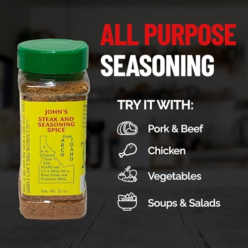 Image of John's Steak and Seasoning Spice, Original Flavor Steak Seasoning for Grilling, Pork Chops, Steaks, Burgers, Chicken, Seafood, Potatoes, and More, Gluten-Free, MSG-Free, Idaho-Made, 20 oz