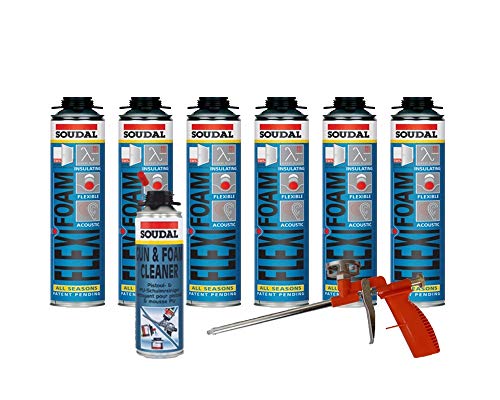 Preisvergleich Produktbild Soudal Sparset 6x Flexifoam Fensterschaum 500ml + Schaumpistole Compact + Pistolenreiniger
