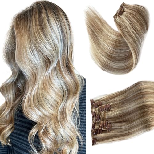 Image of Remy Human Hair Clip in Extensions, Ash Brown Mixed Platinum Blonde Clip in Hair Extensions Real Human Hair,14 Inch 70G 7 Pcs Double Weft Hair Extensions Real Human Hair Clip ins for Women