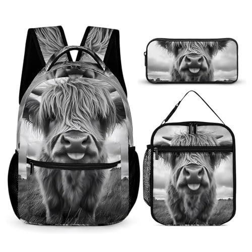 Highland Cow Black And White Printed Backpack with Lunch Box Bag Pencil Case Pouch 3pcs Daypack Set for Women Men