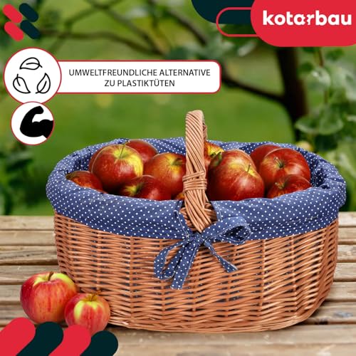 KOTARBAU® Weidenkorb mit Henkel - 47 x 31 x 32 cm - Korb mit Henkel - Einkaufskorb - mit Stoffeinlage in Blau - Pilzkorb - Erntekorb - Natürlich - Lebensmittelecht - Weide - Braun