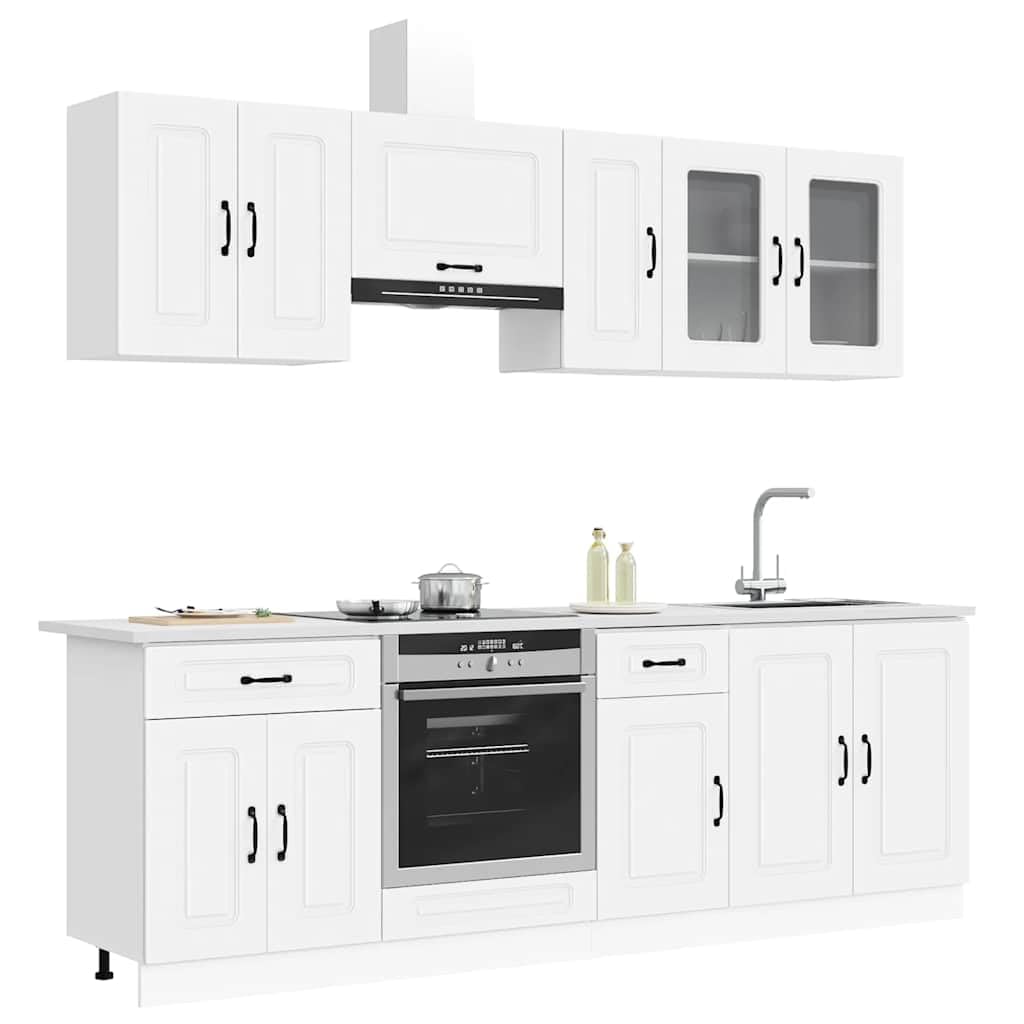 Kalmar - Set di 8 mobili da cucina in legno bianco, con 5 pensili, armadietto da forno, mobiletto inferiore e molto spazio per cucina, sala da pranzo, dispensa, salvaspazio e facile da pulire