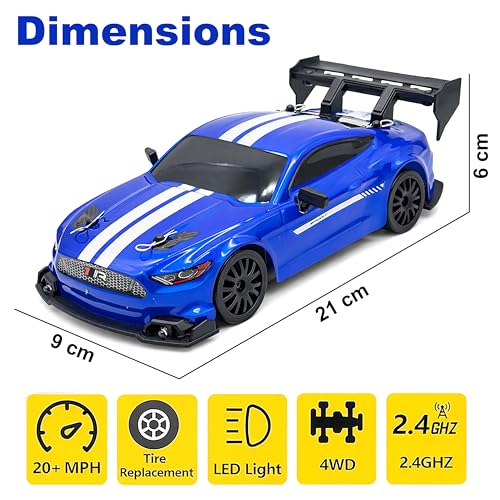 Image of 2.4GHz Remote Control Drift Racing Car Toy for Kids with LED Lights - 4WD 20Kmph RC Drifting Car with Extra Rubber Tires, Cones Barriers & Rechargeable Battery - Color and Design As Per Stock