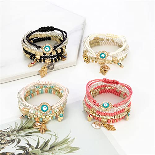 4 Pcs Bohemian Stackable Bracelets Multilayer Evil Eye Hamsa Hand Bracelets Boho Stretch Strand Bracelet Multicolor Crystal Charm Bracelet Lucky Protection Bangles For Women (Blue+Pink+Purple+Mixture) #TOP1