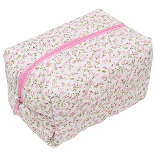 メイクアップバッグ、メイクアップポーチポータブルメイクアップバッグ かわいいメイクアップバッグ 美的フローラルメイクアップバッグ ジッパー付き キルトメイクアップバッグ 旅行、メイクアップ、文房具収納用 バラ色