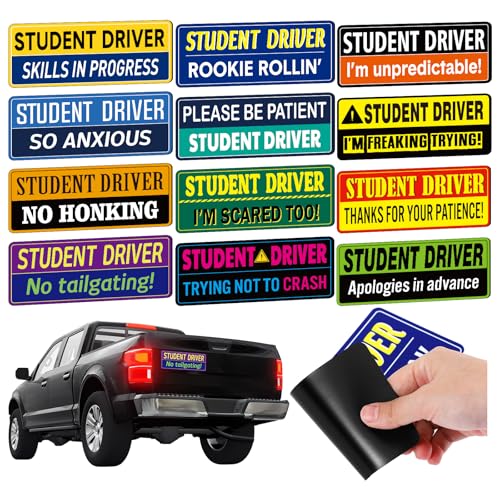 Image of Tallew 12 Pcs Student Driver Magnet New Driver Magnet for Car Reflective Removable Rookie Attention Sticker Please Be Patient Sign for Vehicle Car Accessories 7.9 x 3.2 Inches