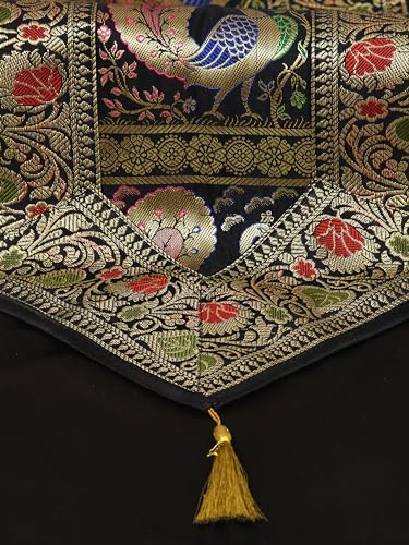 Image of Banarasi Brocade Zari Silk Table Runner Dinning & Centre Table Runner 177 By 30 CM (Black, Peacock)