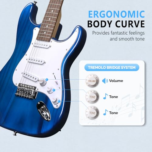 Image of GLARRY Full Size Electric Guitar for Music Lover Beginner with 20W Amp and Accessories Pack Guitar Bag (Blue Transparent, 39 inch Right)