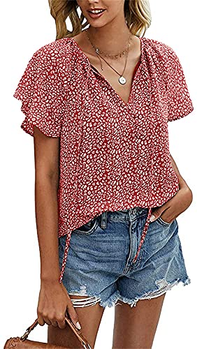 Women's V Neck Ruffle Sleeve Shirt Flowy Boho Floral Print Tunic Tops Cute Loose Chiffon Blouses S-Red L