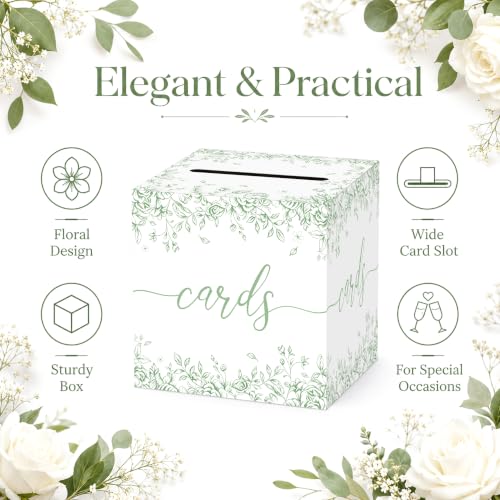 Image of Sage Green Floral Wedding Card Box with Slot for Baby Shower and Birthday | Roomy 8.7 Inch Cube Holds Cards and Envelopes While Keeping Gift Tables Neat at Weddings, Bridal Showers and Garden Parties