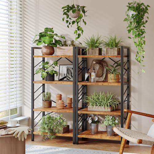 Image of DurayLoly 2 Pieces 4 Tier Bookshelf for Narrow Space, Rustic Brown | Small Space Dwellers , Sidebars and Metal Frame