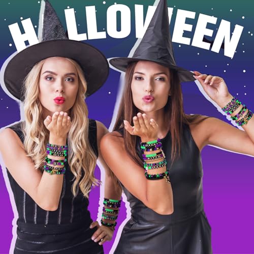 64 Pcs Halloween Bracelets Bulk for Women Stretch Vinyl Disc Clay Party Favor Bracelet Pack Halloween Beaded Accessories Jewelry for Goody Bag Fillers Party Supplies2