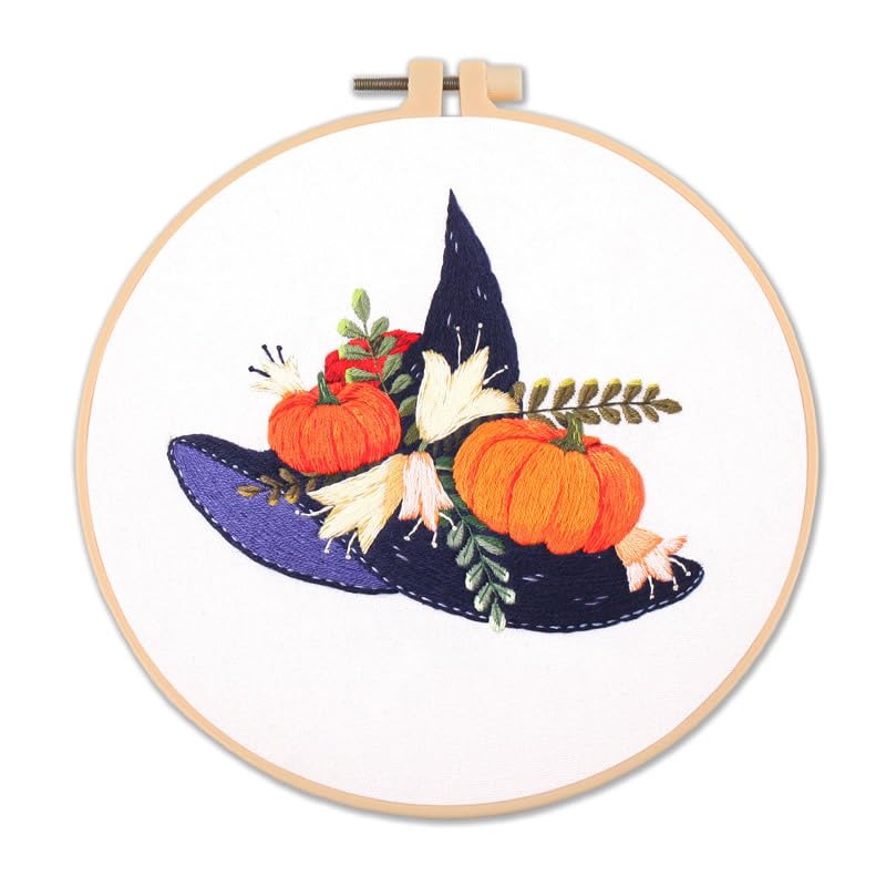 Stamped Embroidery Starters Kits with Pattern Pumpkin and Witch Hat for Beginners with Hoops Cloth Color Threads Cross Stitch Kits Needlework Art for Adults Students Home Decoration