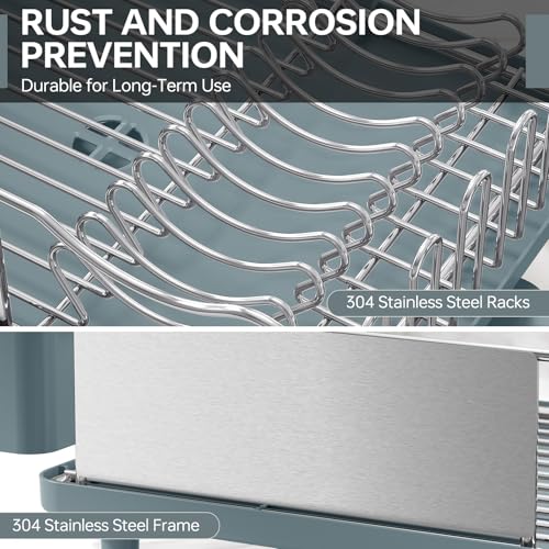 Image of Stainless Steel Dish Drying Rack - Large Capcity 304 Grade Dish Drainer for Kitchen Counter with Drain Board, Utensil Holder & Detachable Cup Shelf, Rustproof Multifunctional Organizer, Pale Blue