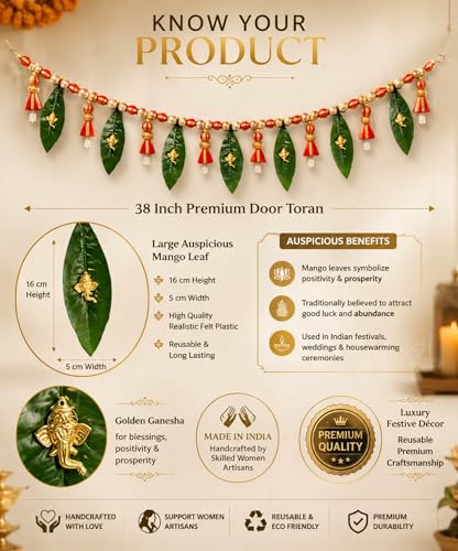 Image of Divyakosh Handmade Door Toran for Main Entrance Door| 38 Inch Indian Festive Bandarwal with Mango Leaves, Golden Ganesha, Pearl Tassels & Red Gold Beads | Decorative Hanging for Diwali, Wedding