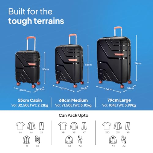 Image of American Tourister Upland Sport 55 CM Small Carry-On Luggage, Polypropylene (PP) Hardside 8 Wheels Spinner Luggage with Combination Lock, Suitcase /Trolley Bag for Travel - Black