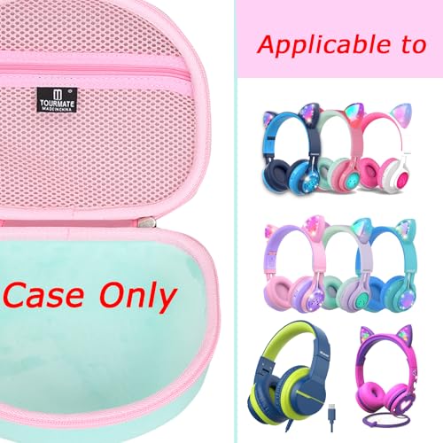 Image of Tourmate Hard Travel Case for Riwbox CT-7 / CT-7S Cat Ear LED Light Kids Wireless Headphones, Protective Carrying Storage Bag (Pink&Green)
