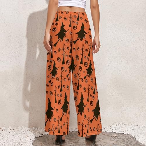 VOSERY Halloween Witch Print Palazzo Pants for Women, Comfy Womens Wide Leg Baggy Pants, Casual Lounge Pants for Women4