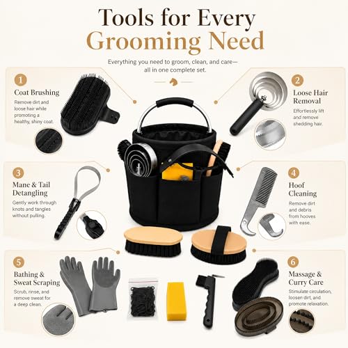 Horse Grooming Kit, 15-Piece Horse Brush Set with Tote Bag, Long Shedding Blade, Hoof Pick, Curry Comb, Sweat Scraper, Mane and Tail Comb, Gloves, Equine Grooming Supplies, Black - Image 5
