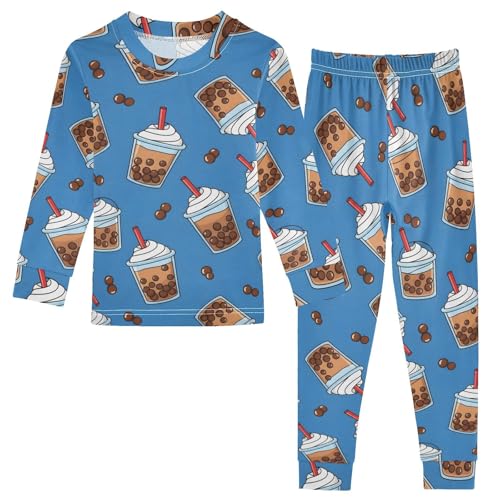 Pajama Sets Long Sleeve Bubble Tea Pattern on Blue Soft Comfy Sleepwear 2 Piece PJS 3-8T
